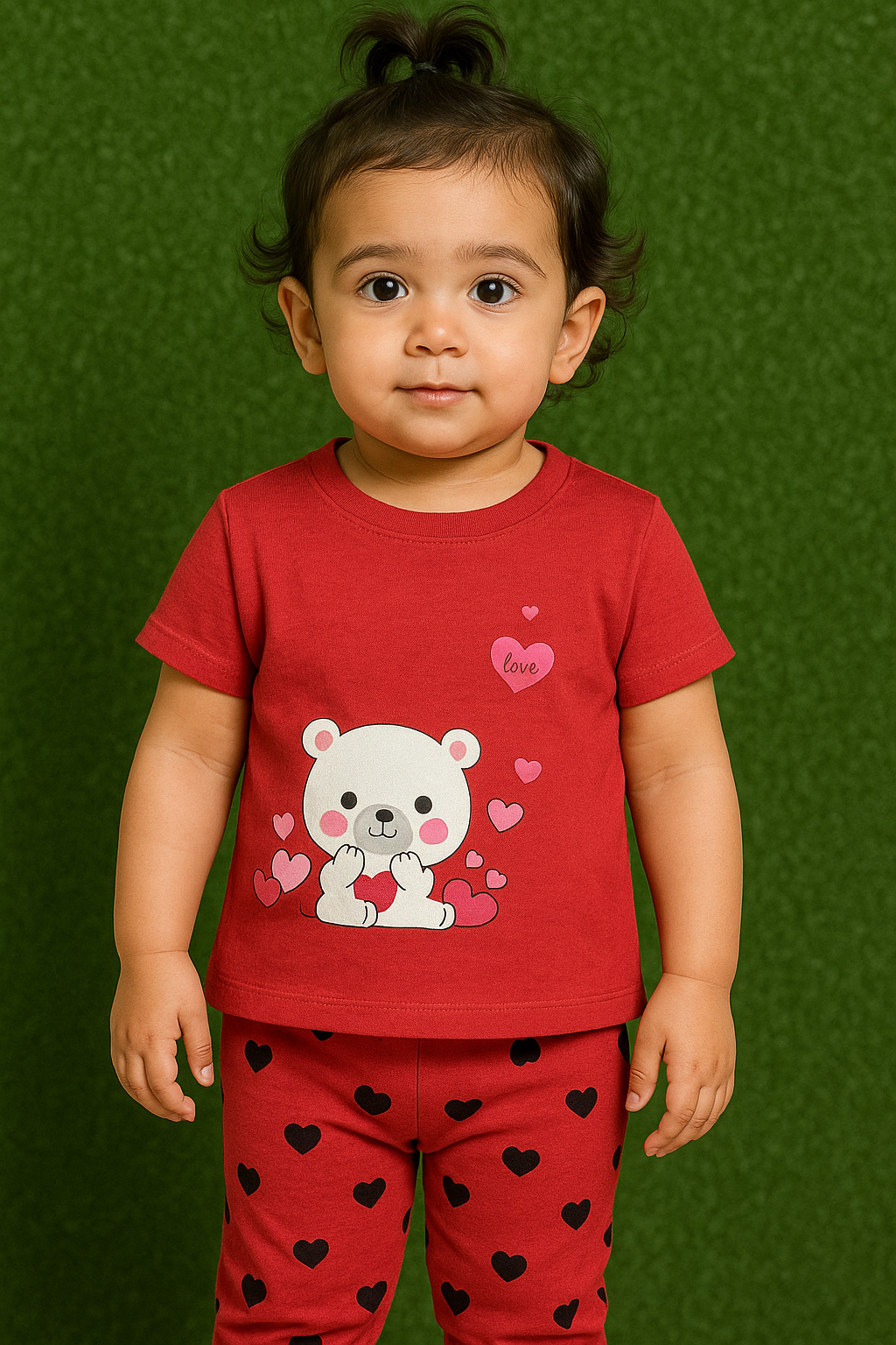 Child wearing a red shirt with a bear design and heart patterns on a green background