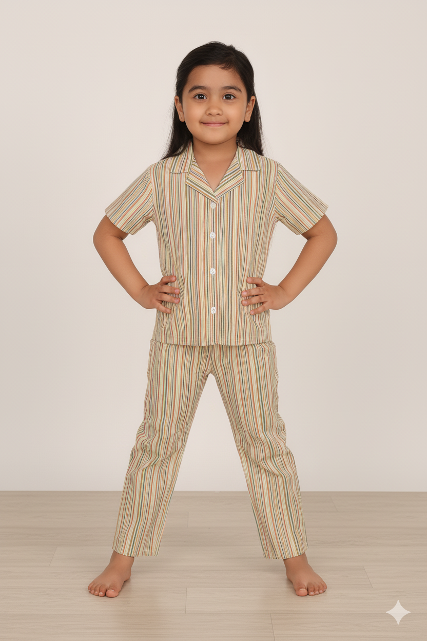 Child wearing a striped pajama set on a plain background