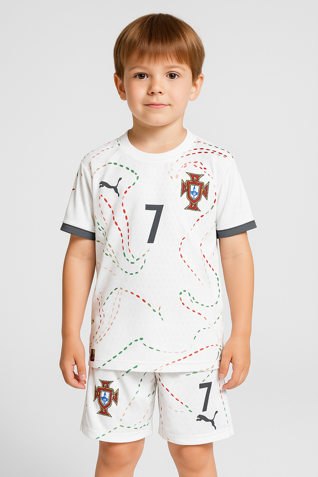 Child wearing a white sports outfit with number 7 and Puma logo on a light gray background