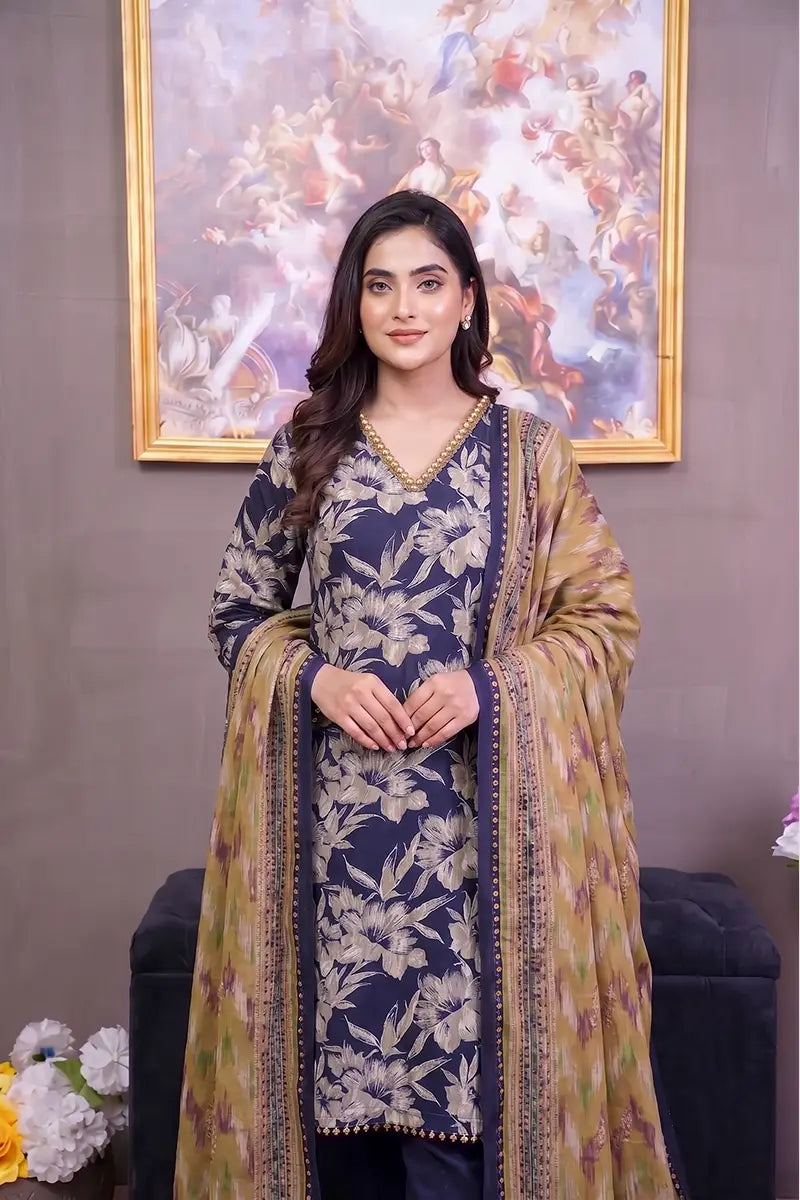 Zsh Stitched 3pc Printed Lawn Suit (Midnight Navy Blue)