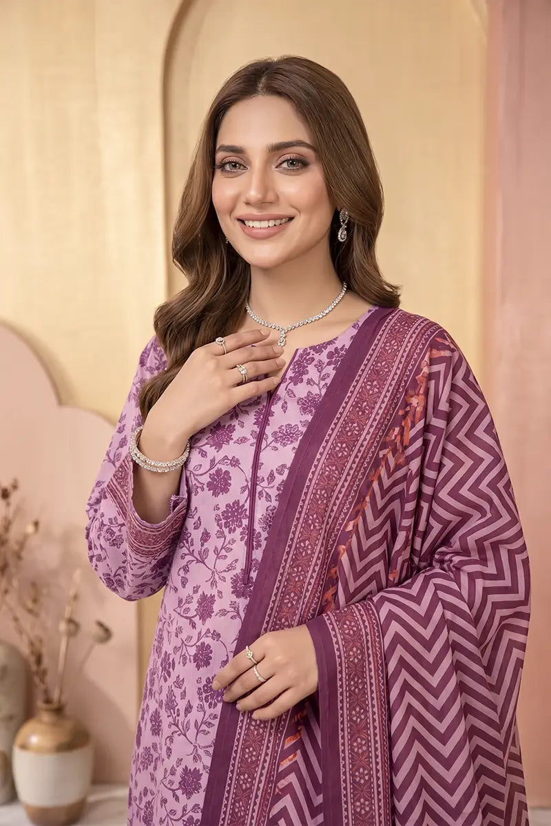 Zsh Stitched 3pc Printed Lawn Suit (Purple)