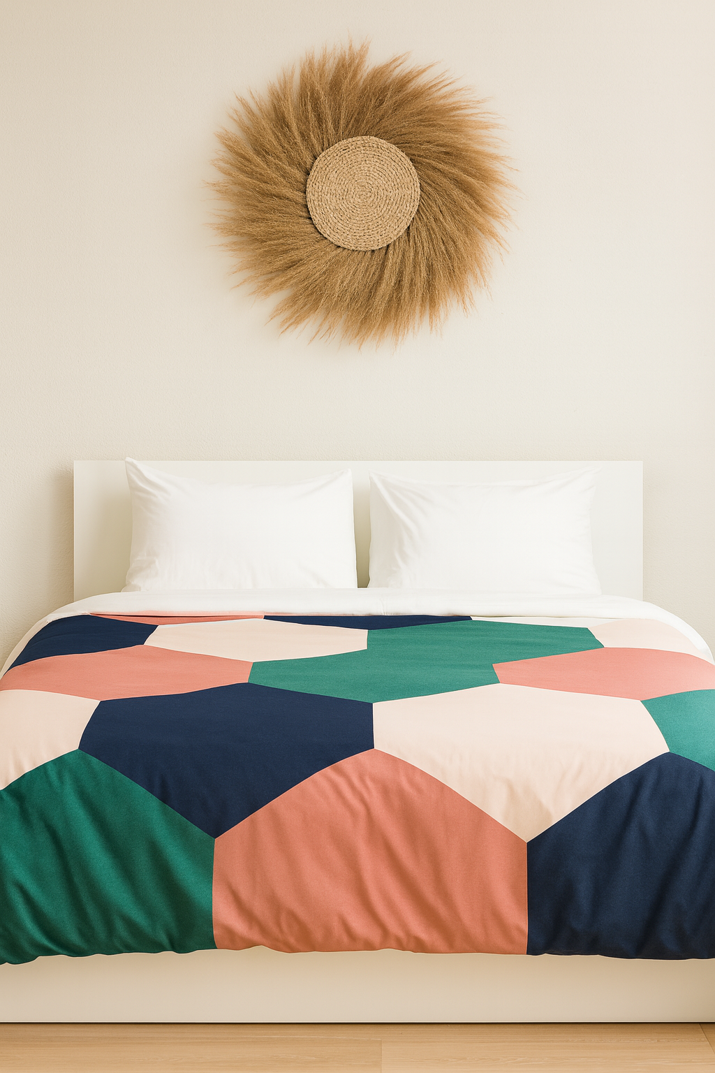 Colorful geometric quilt on a bed with a decorative wall piece above.