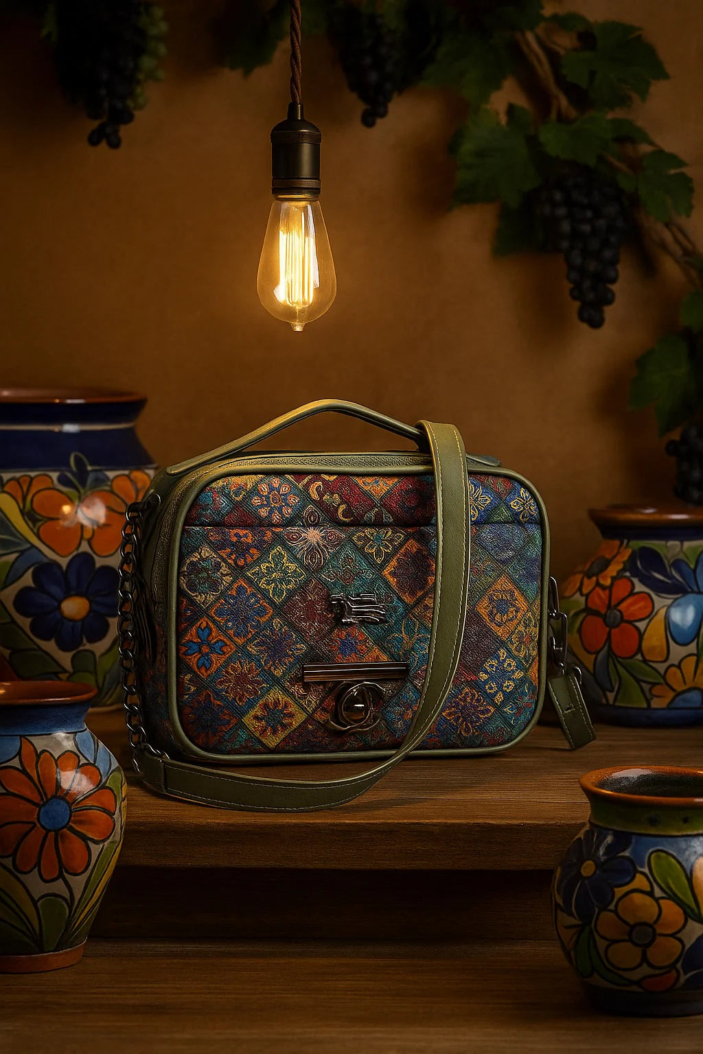 Colorful patterned bag on a wooden shelf with decorative jars and a hanging light bulb.