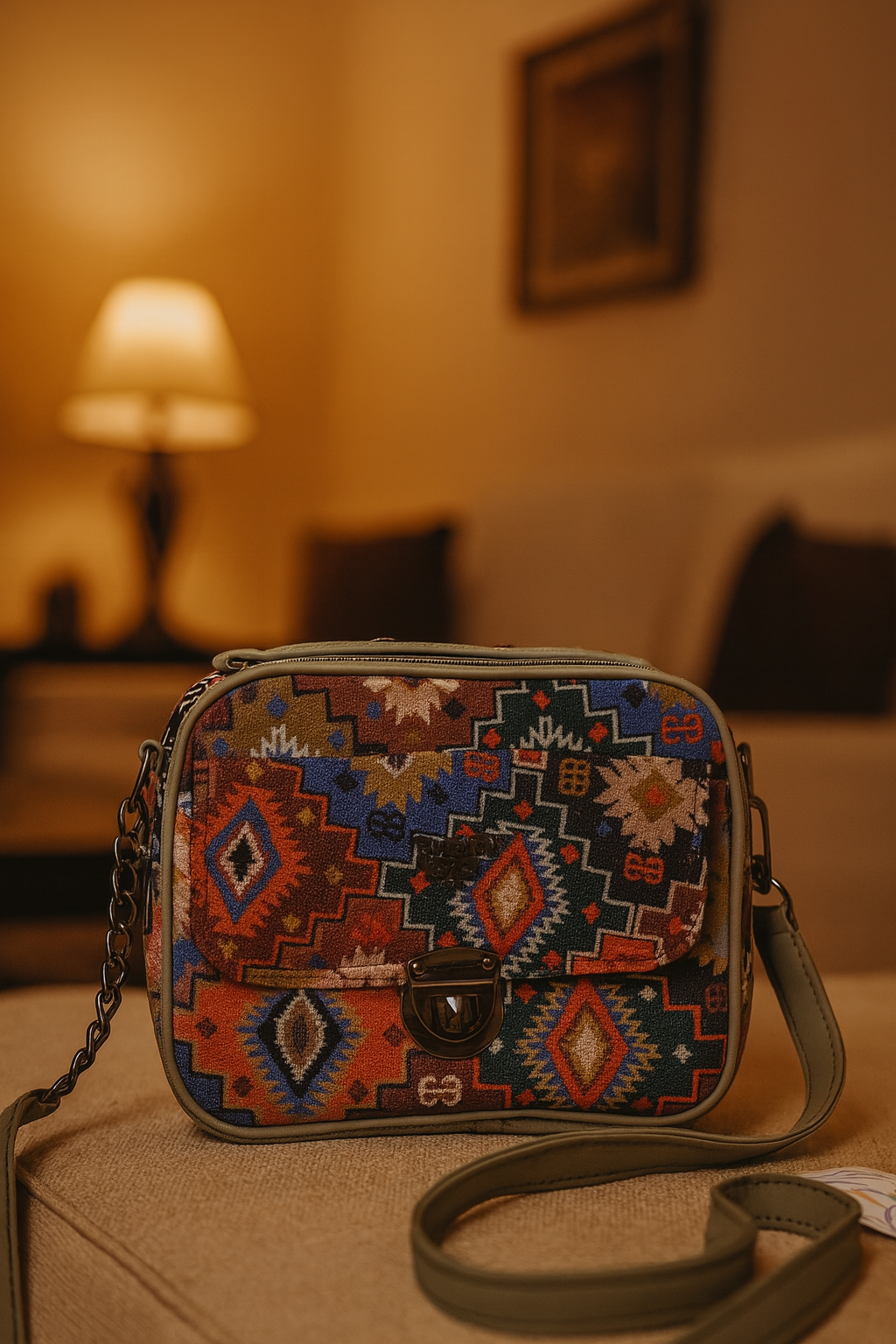 Colorful patterned handbag on a surface with a blurred background