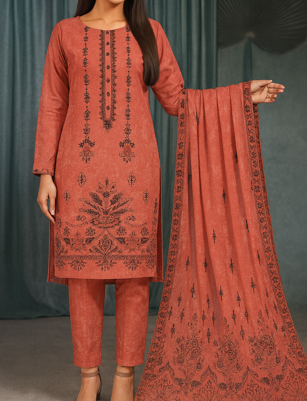 Coral pink traditional outfit with black embroidery on a plain background