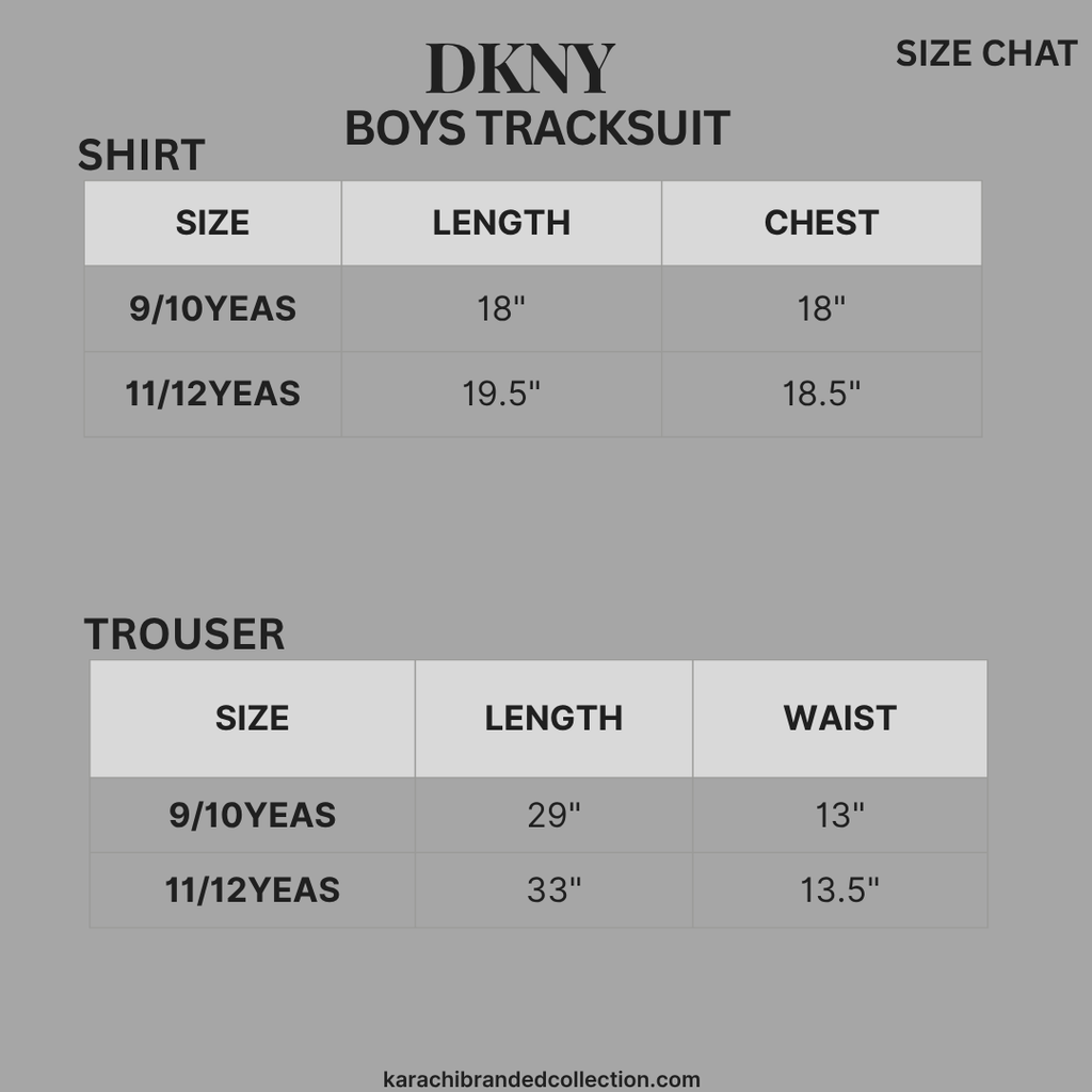 DKNY boys tracksuit size chart on a gray background