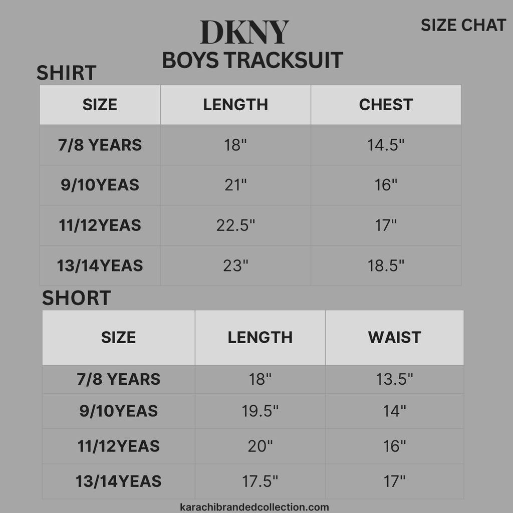 DKNY size chart for boys' tracksuit and shorts on a gray background