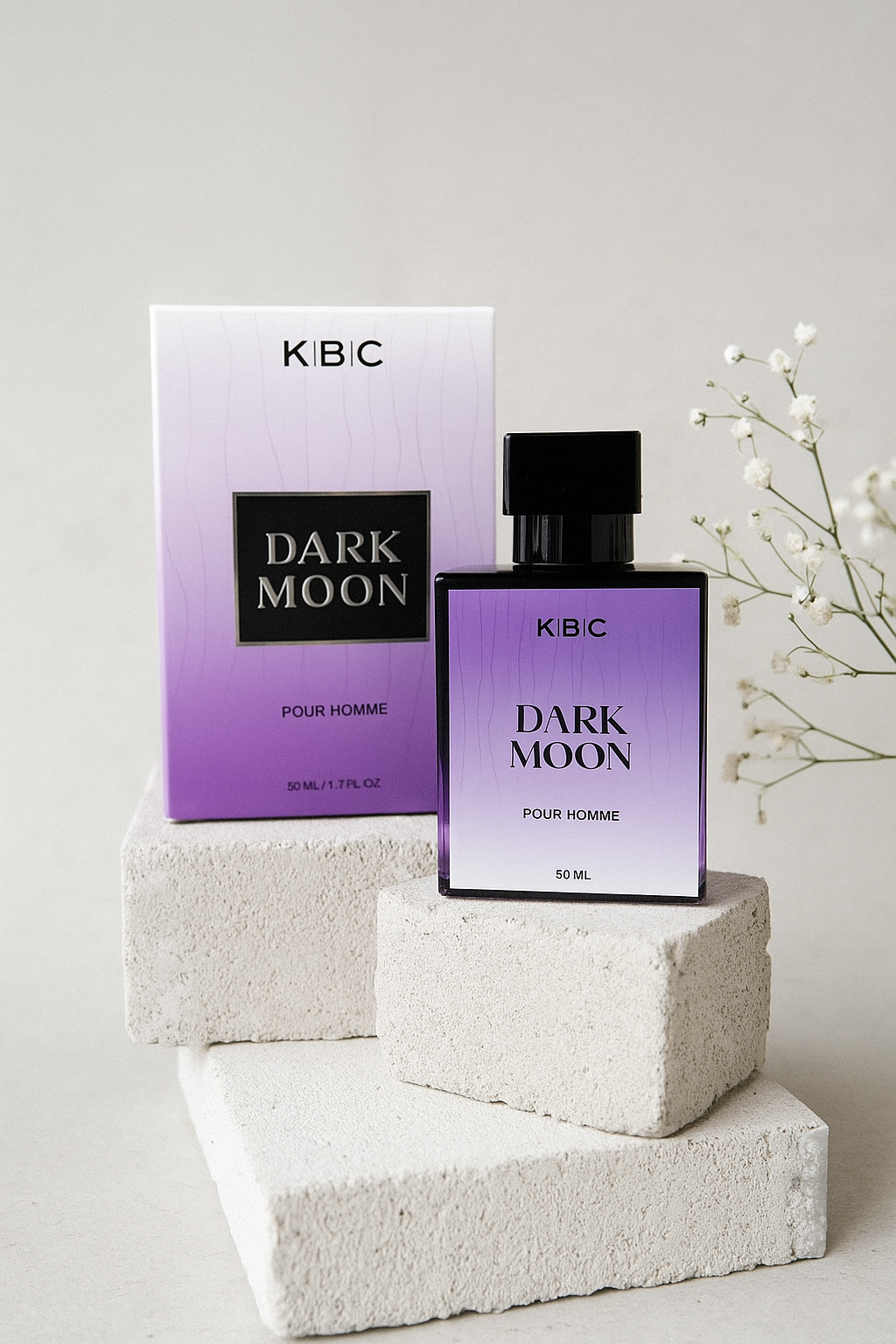 KBC Dark Moon perfume bottle and packaging on a light background
