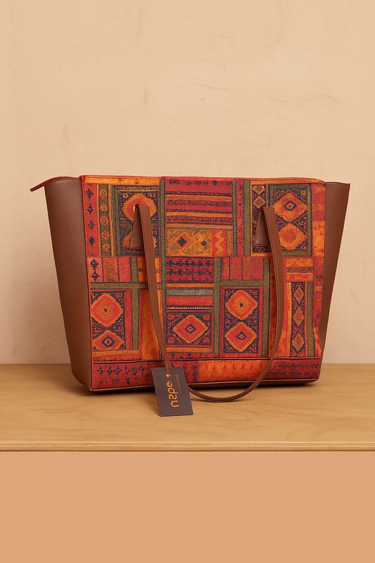 Decorative handbag with geometric pattern on a wooden surface