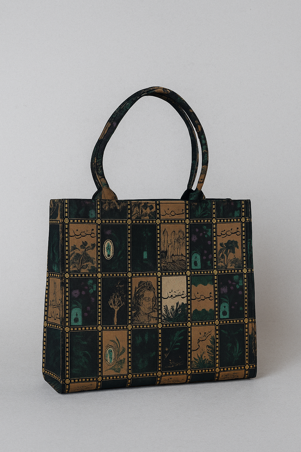 Decorative handbag with patterned design on a light gray background