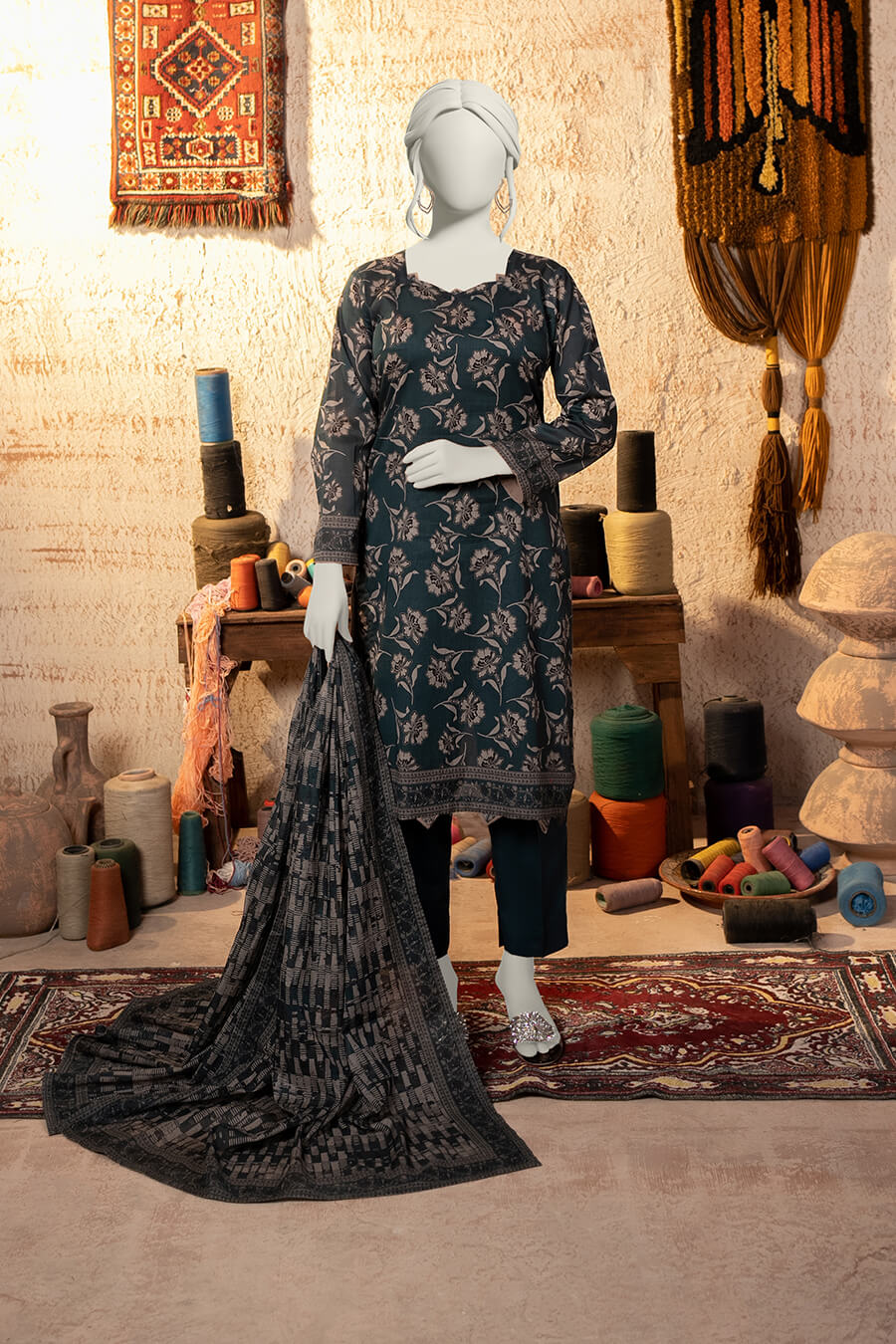 Almeerah Estiva – Premium Digital Three Piece Suit (Deep Tide)