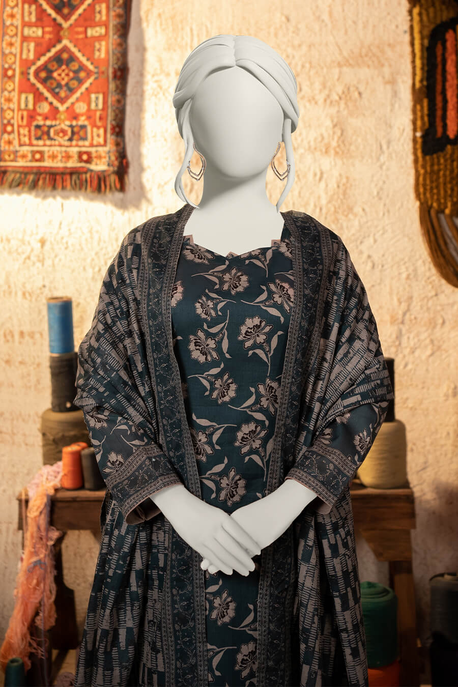 Almeerah Estiva – Premium Digital Three Piece Suit (Deep Tide)