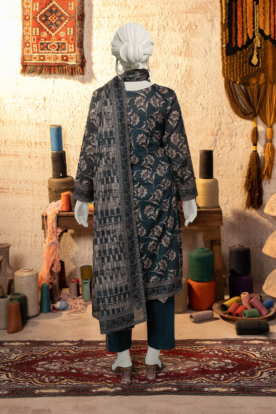 Almeerah Estiva – Premium Digital Three Piece Suit (Deep Tide)