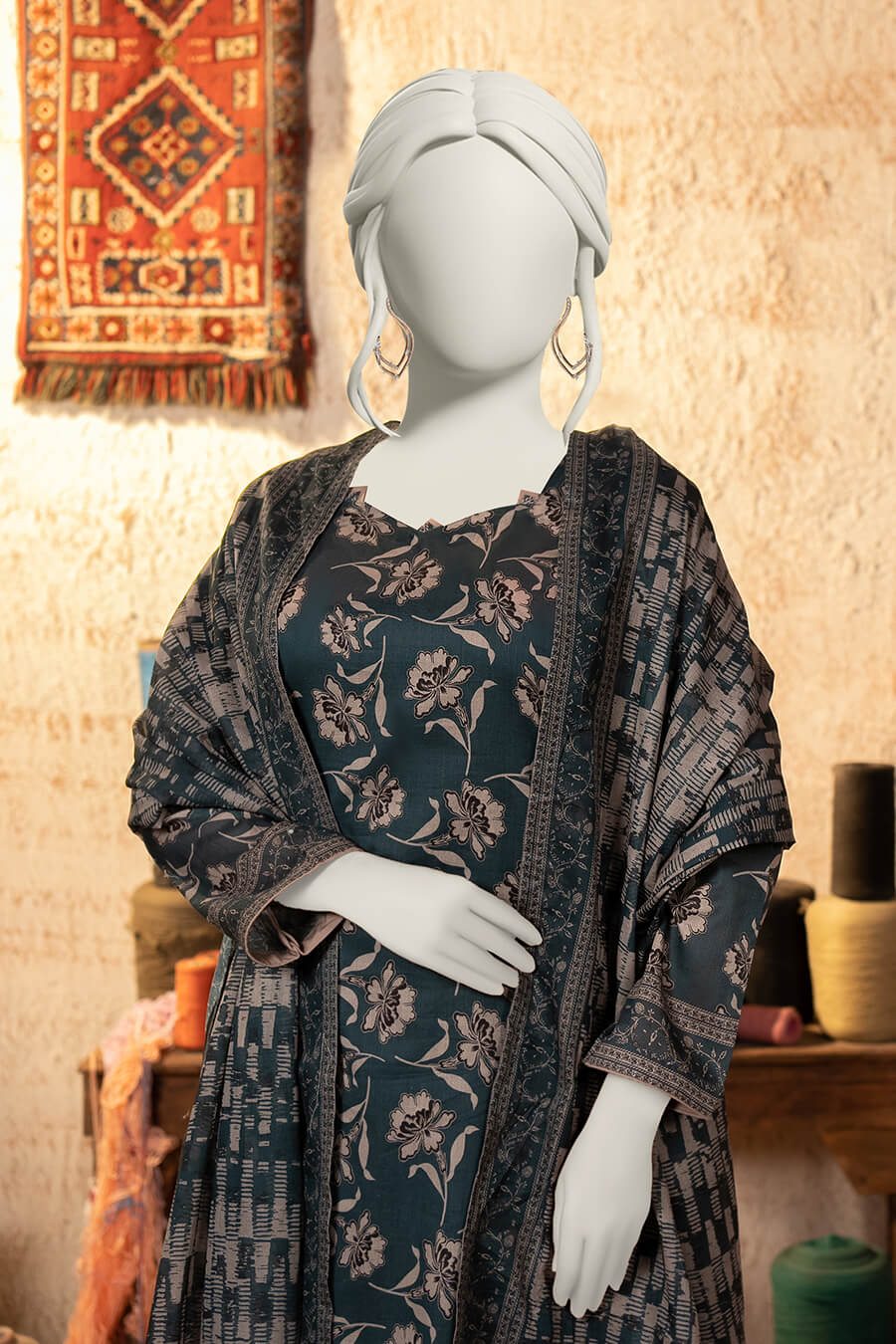 Almeerah Estiva – Premium Digital Three Piece Suit (Deep Tide)