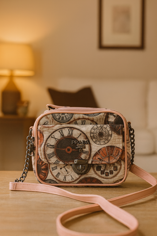 Designer handbag with clock face pattern on a wooden surface