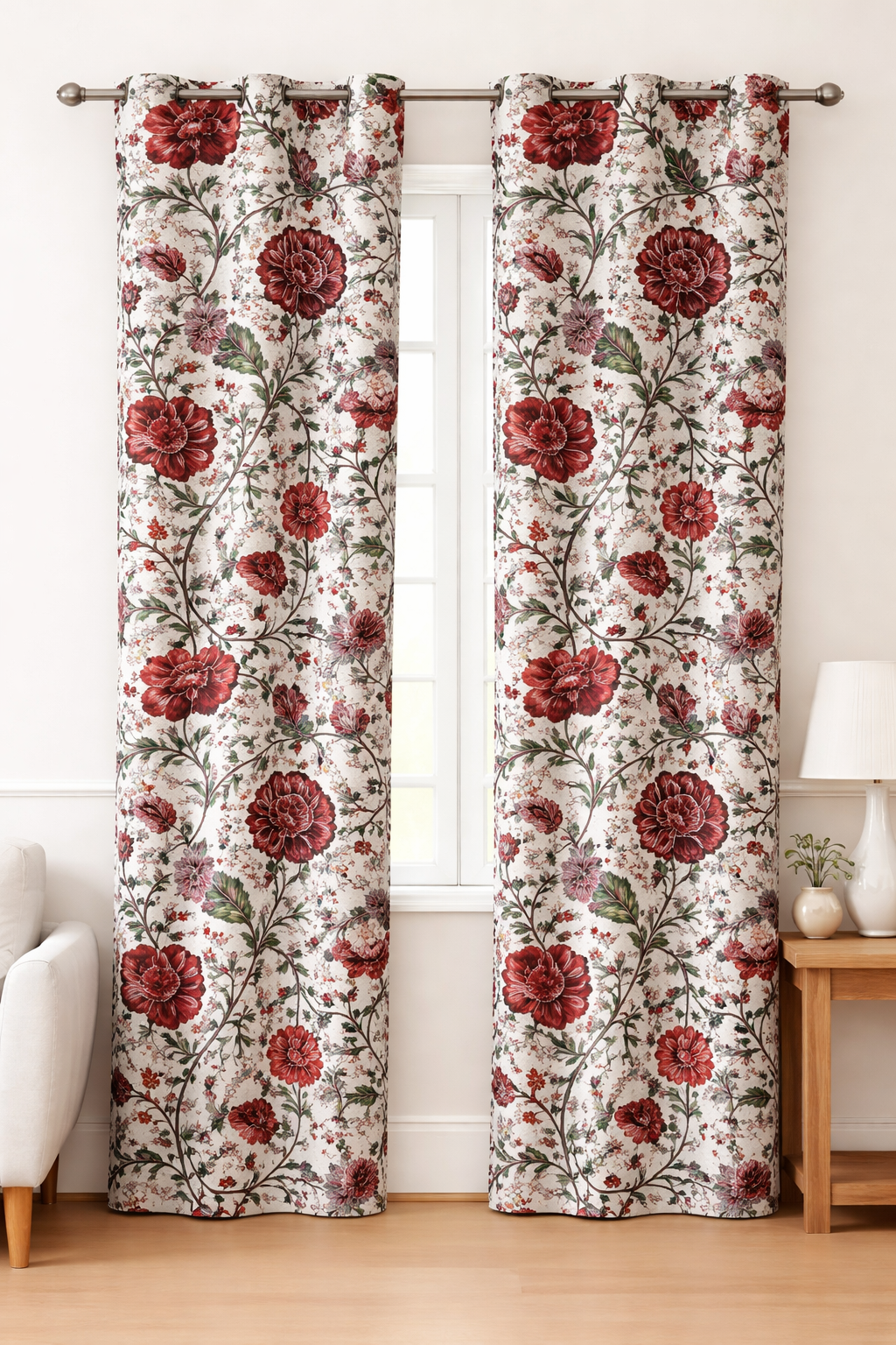 Elegant White Mahron Floral Pattern Curtain – 8 Rings | Premium Cotton