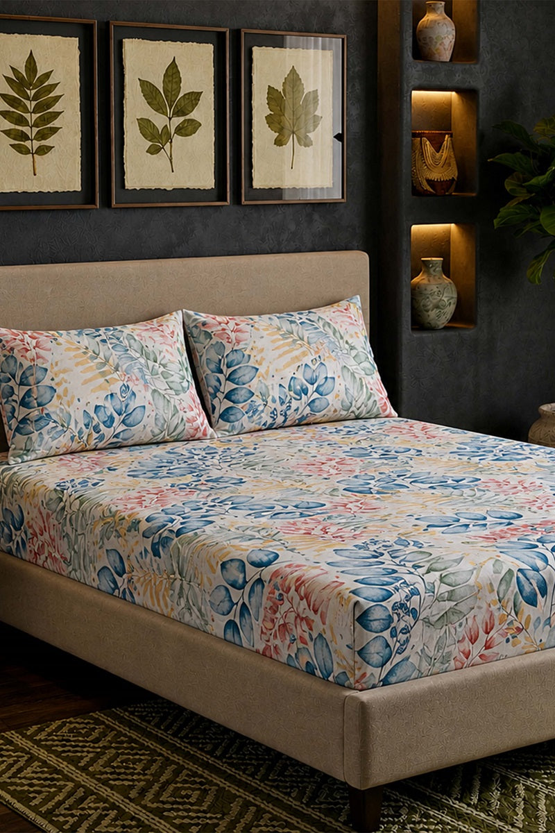 King Size Fitted Bed Sheet Set By KBC (White Floral)