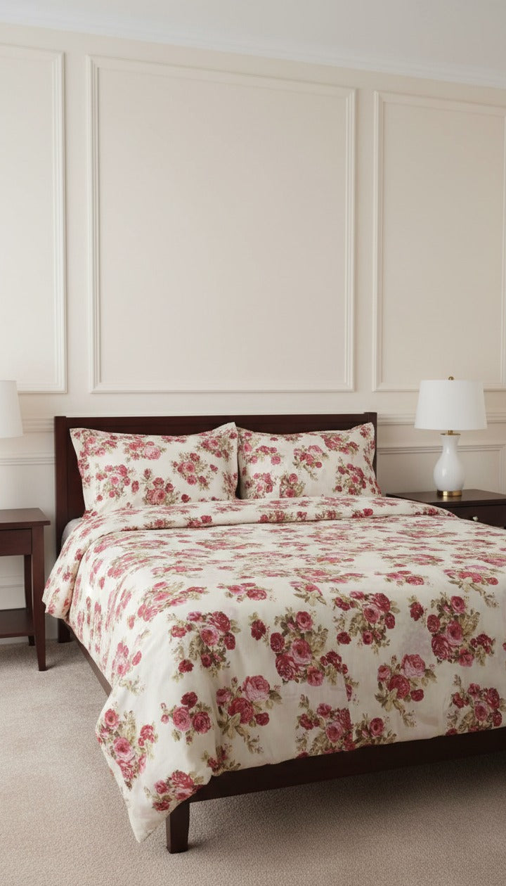 Floral bedding set on a bed in a bedroom with a lamp and nightstands.