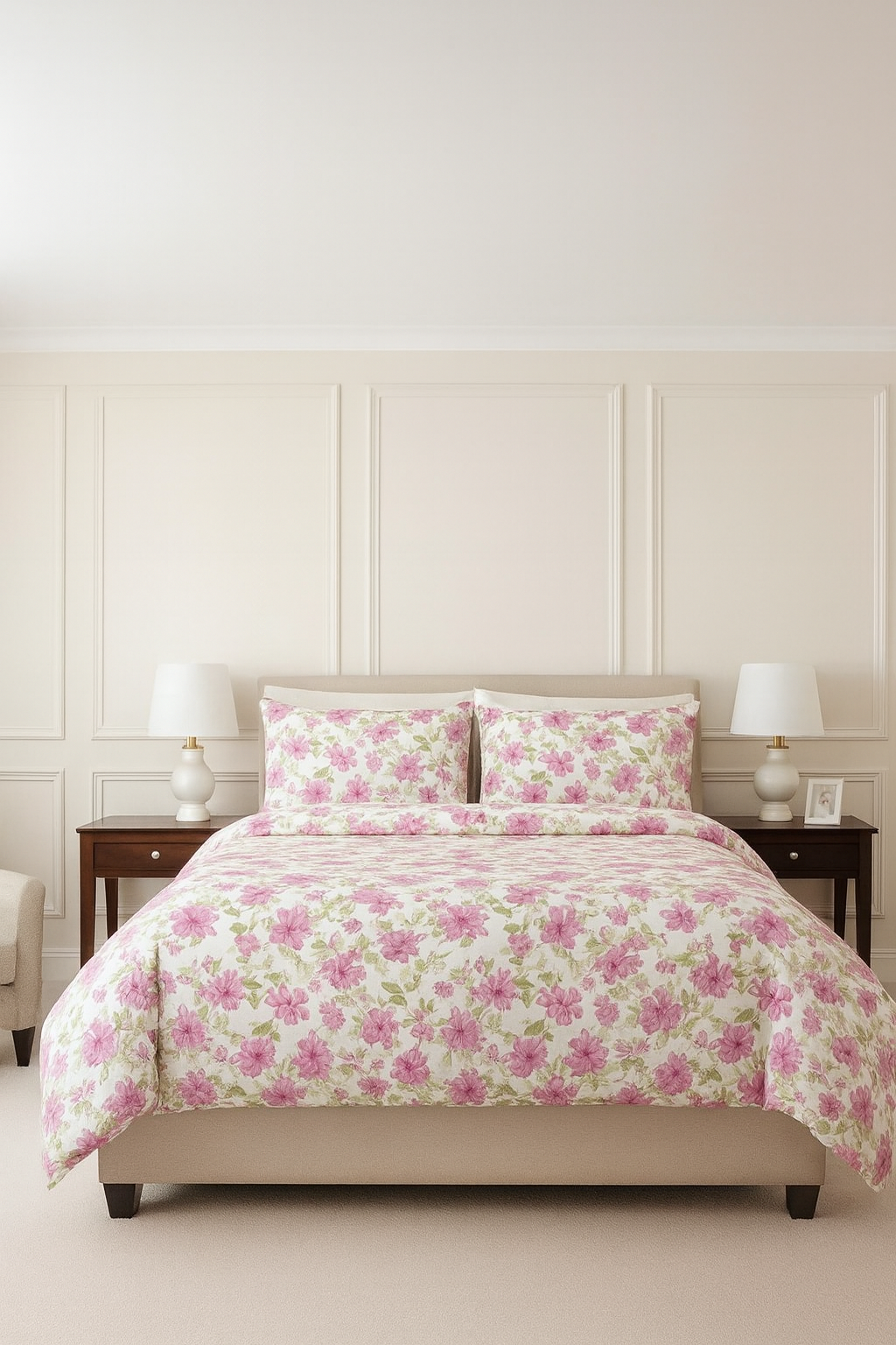 Floral bedding set on a bed in a bedroom with matching pillows.