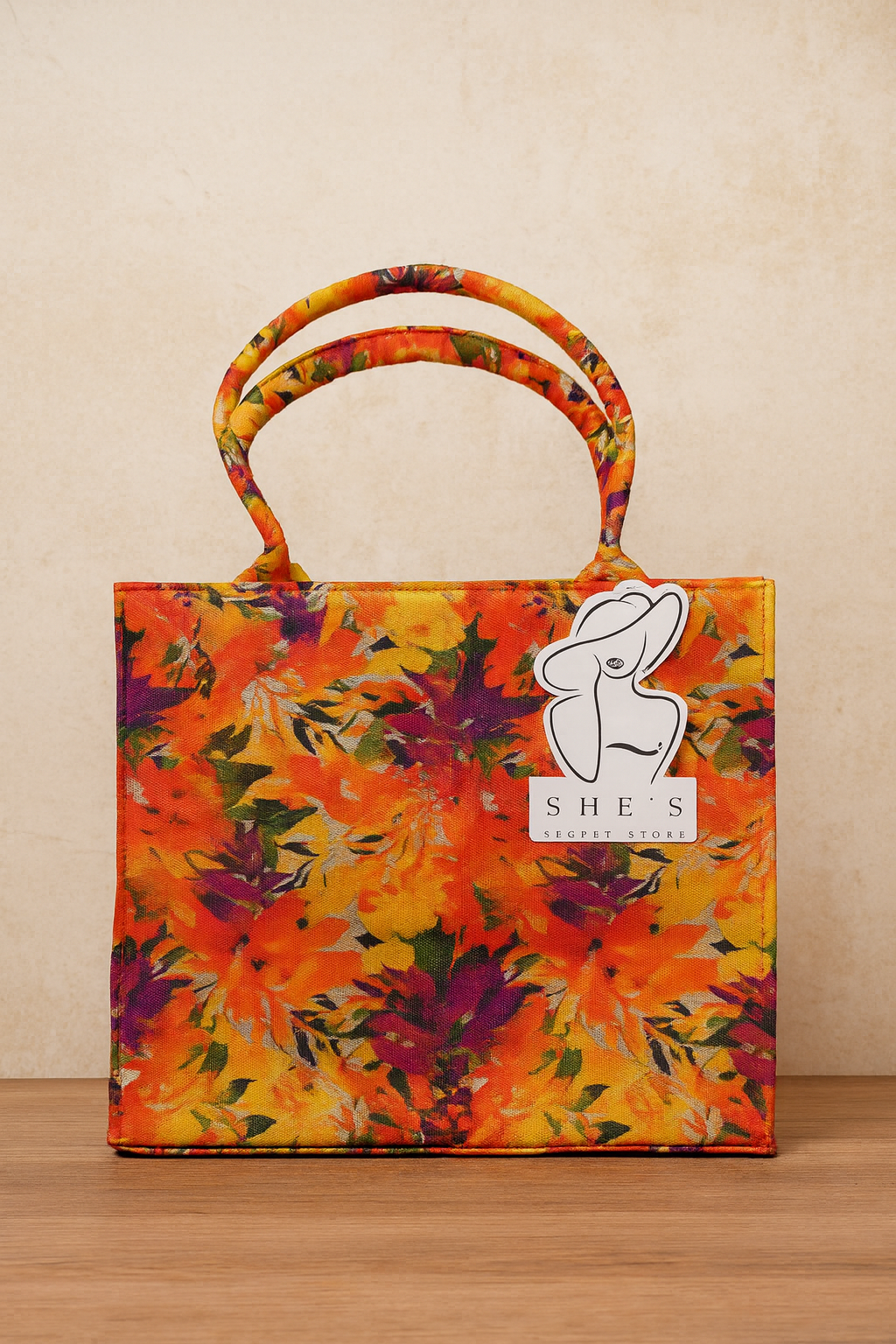 Floral patterned bag with 'SHE'S' branding on a wooden surface and beige background