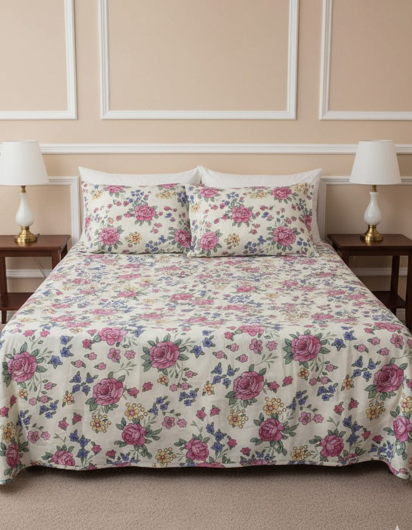 Floral patterned bedspread on a bed with matching pillows, set against a beige wall.
