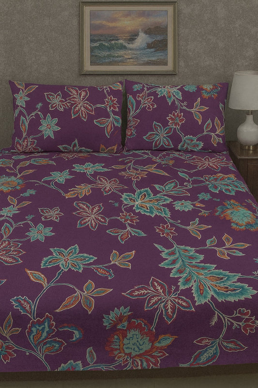 Floral patterned bedspread on a bed with a decorative pillow and lamp in the background.