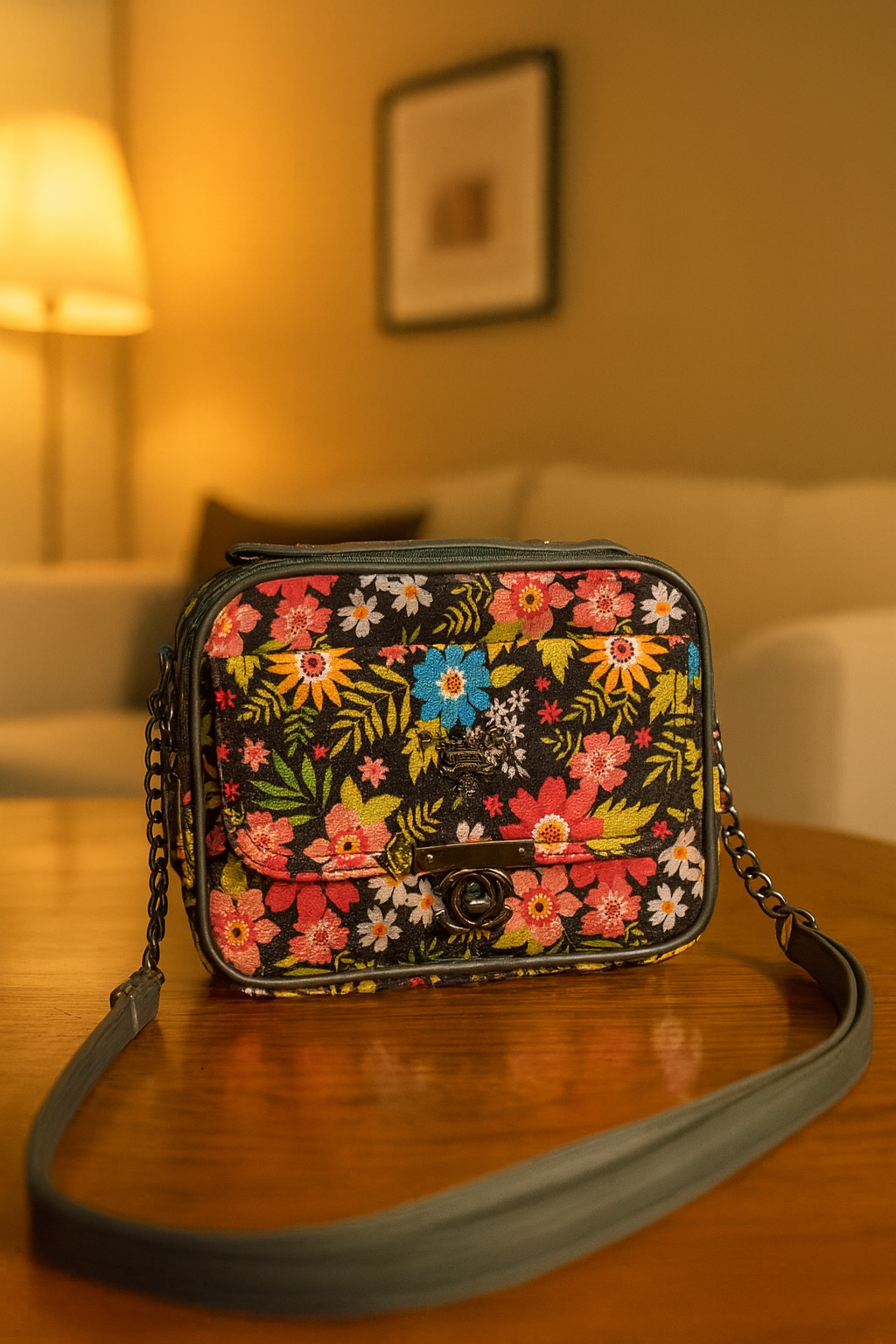 Floral patterned handbag on a wooden surface with a blurred background