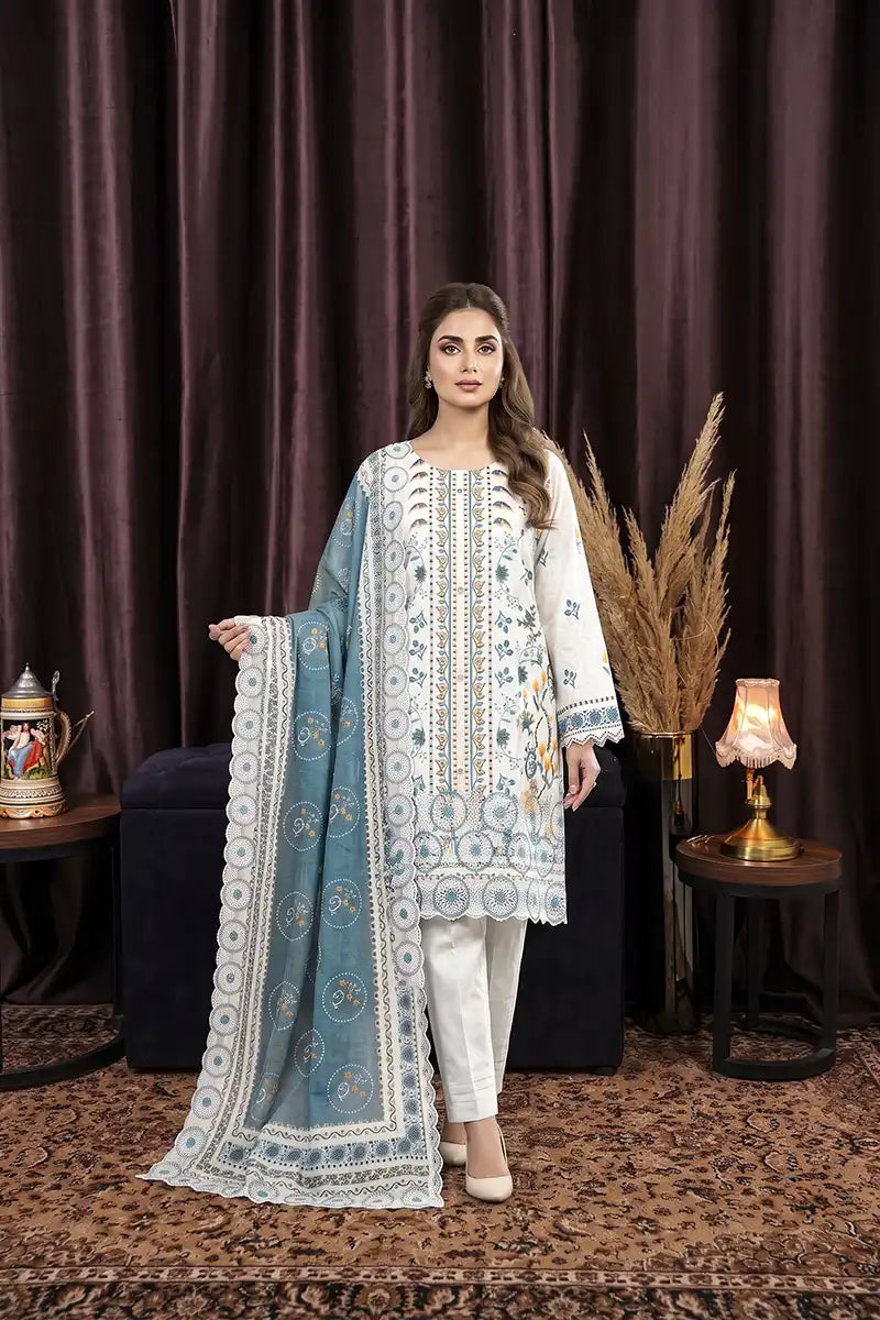 Zsh Stitched 3pc Printed Lawn Suit (Soft Pearl)