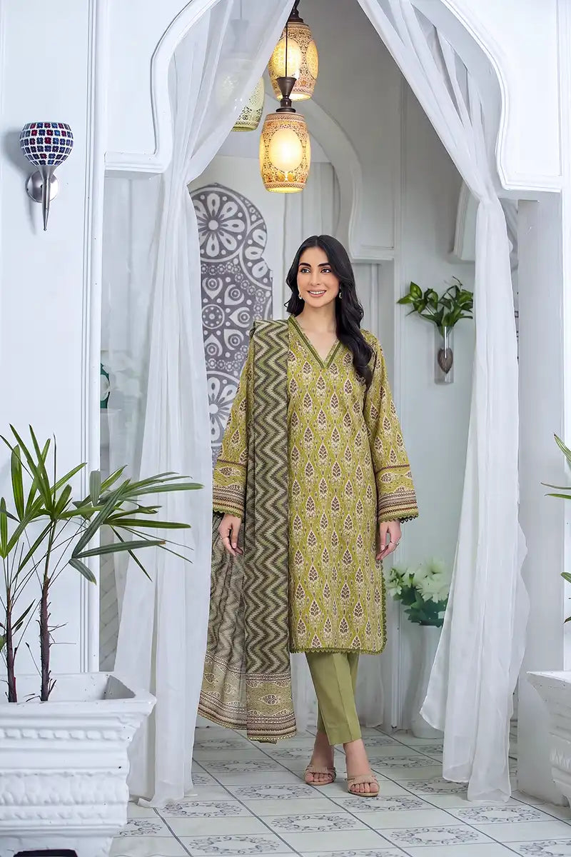 Zsh Stitched 3pc Printed Lawn Suit (Moss Green)
