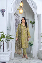 Zsh Stitched 3pc Printed Lawn Suit (Moss Green)