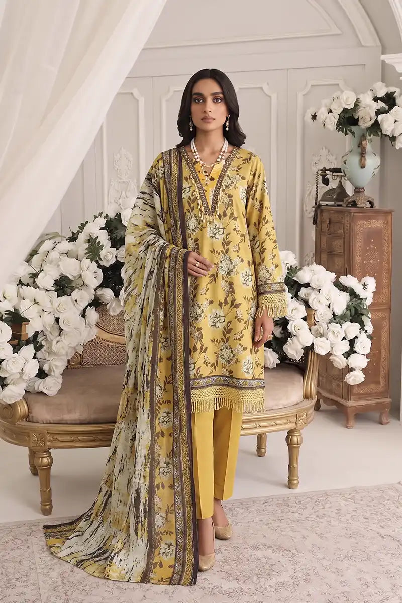 Zsh Stitched 3pc Printed Lawn Suit (Mustard Yellow)