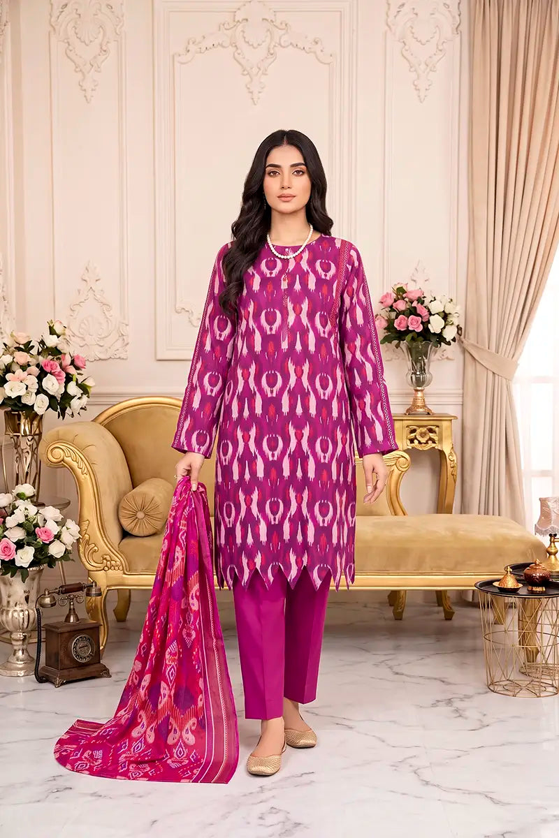 Zsh Stitched 3pc Printed Lawn Suit (Pink)