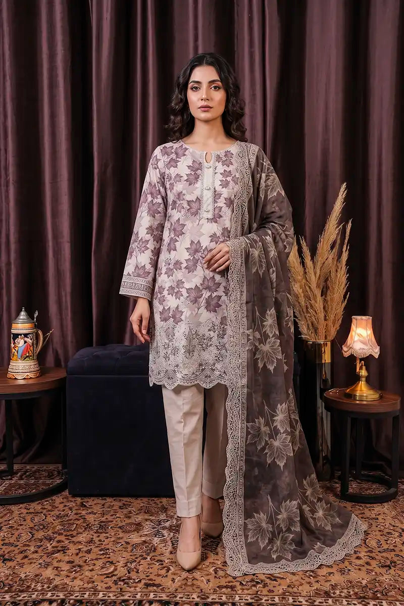 Zsh Stitched 3pc Printed Lawn Suit (Light Mushroom)