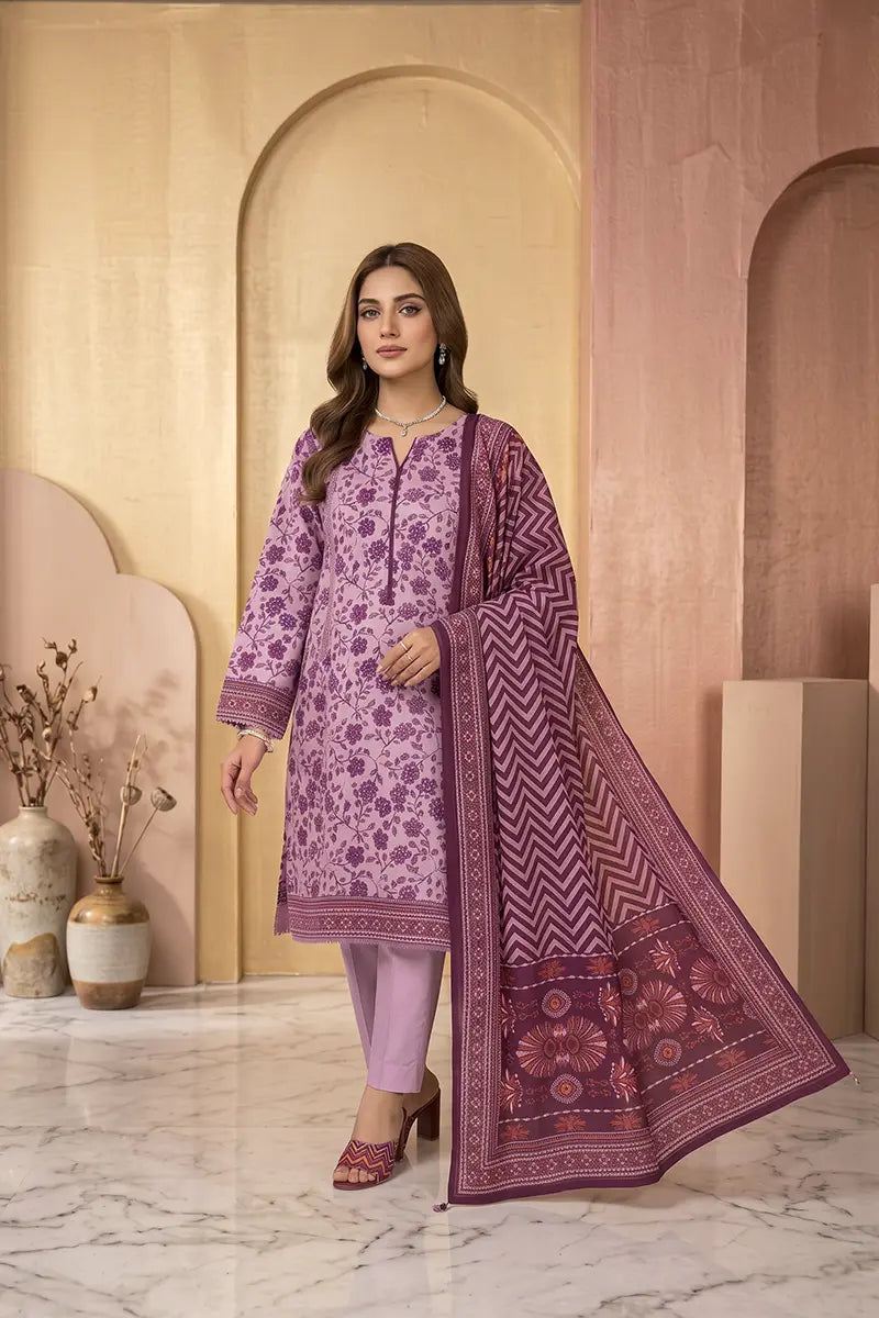 Zsh Stitched 3pc Printed Lawn Suit (Purple)