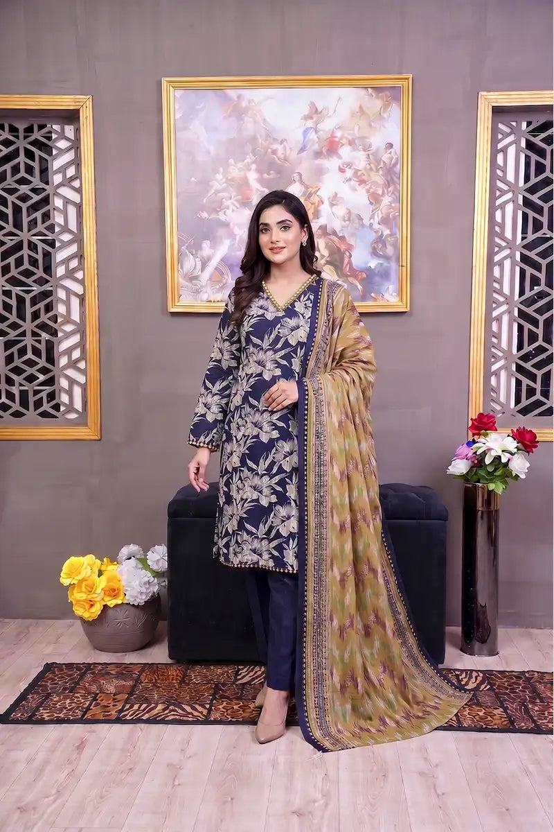 Zsh Stitched 3pc Printed Lawn Suit (Midnight Navy Blue)