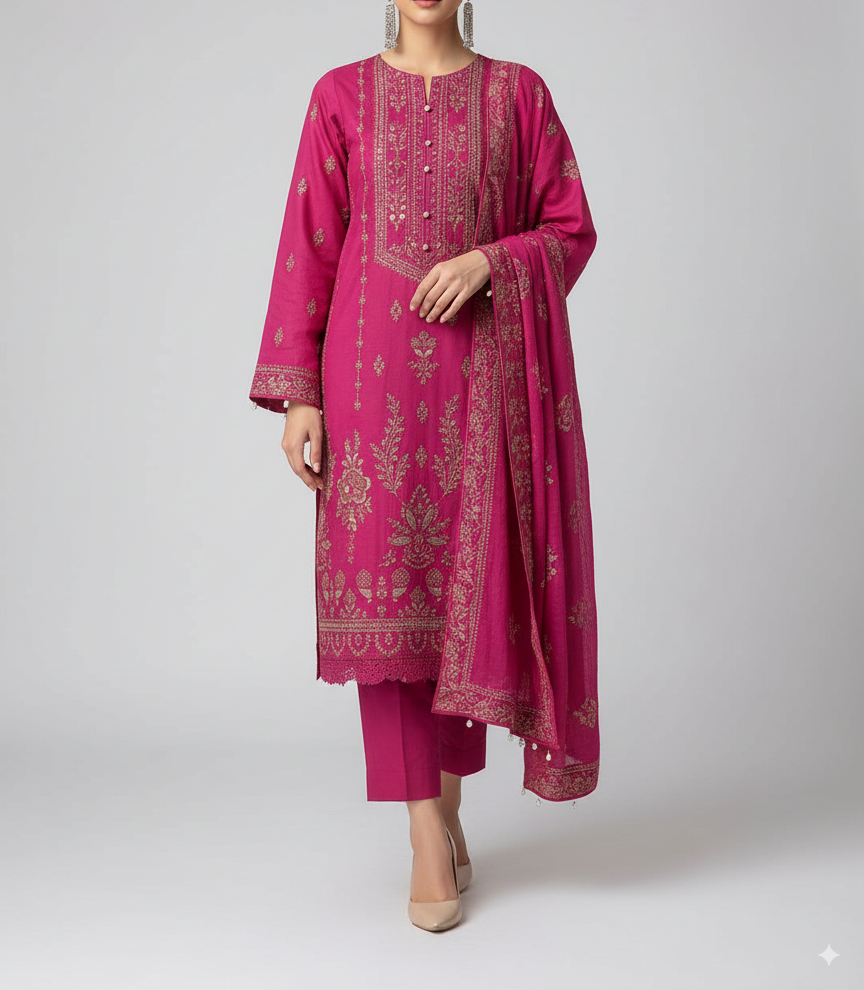 Fuchsia pink embroidered traditional outfit with dupatta on a white background