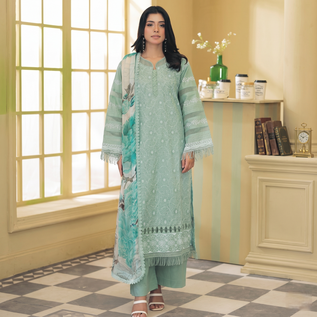 Dhagakari By Johra 3PC- Unstitch Embroidered Suit (Light-green)