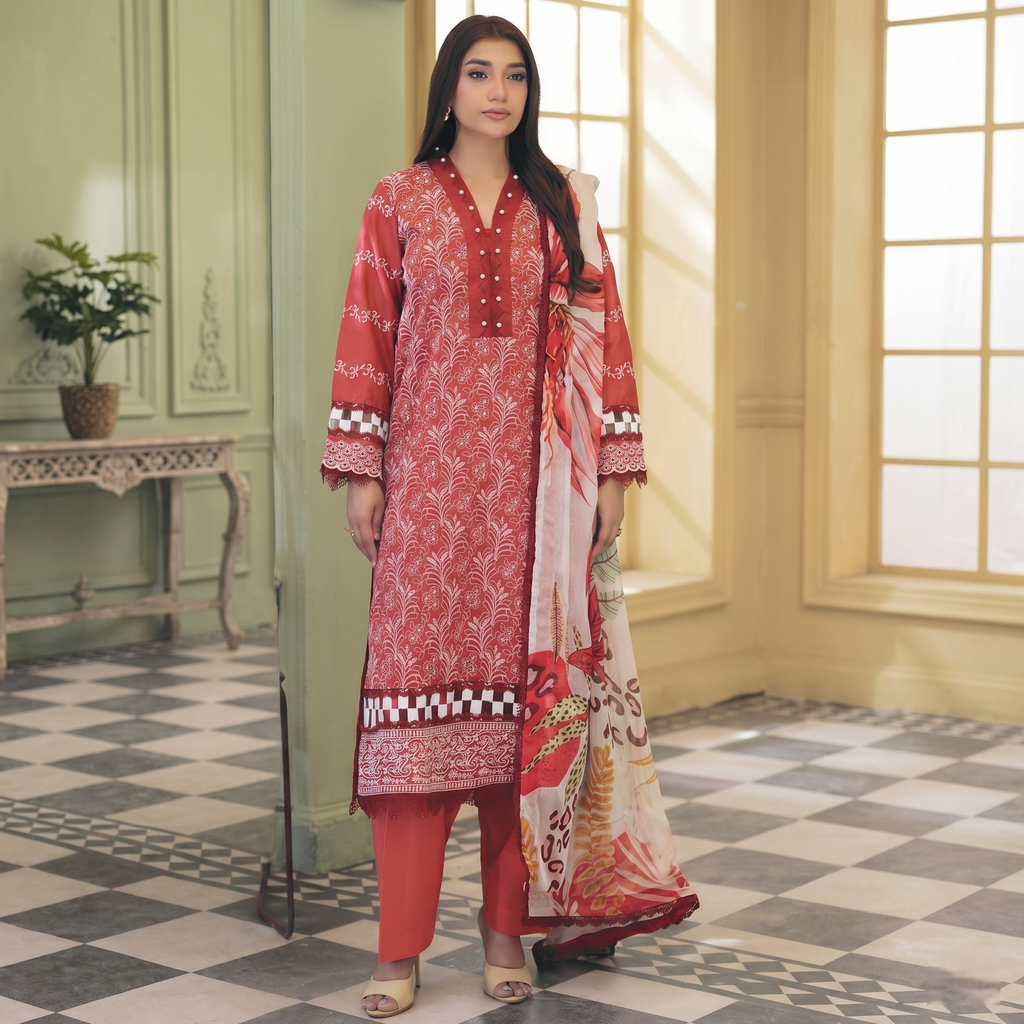 Dhagakari By Johra 3PC- Unstitch Embroidered Suit (Red)