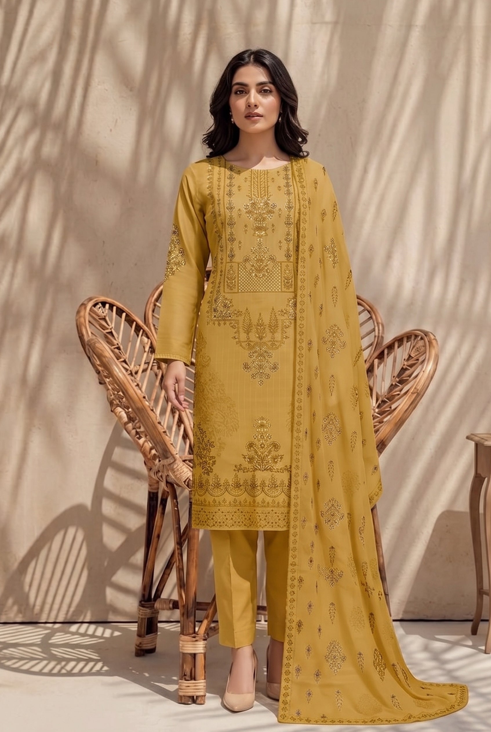 Jasmine by Breeza Fashion - 3PC Unstitched Embroidered Lawn Suit (Mustard)