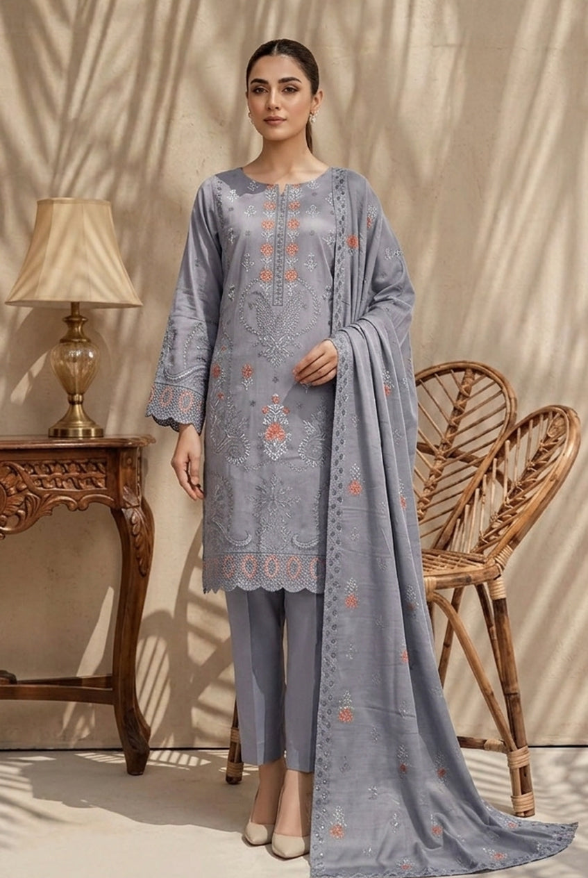 Kiran by Breeza Fashion - 3PC Unstitched Embroidered Lawn Suit (Gray)