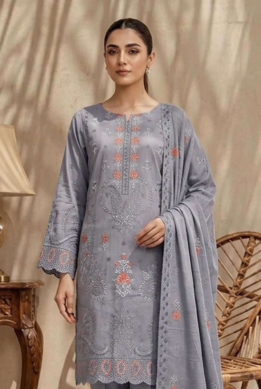Kiran by Breeza Fashion - 3PC Unstitched Embroidered Lawn Suit (Gray)