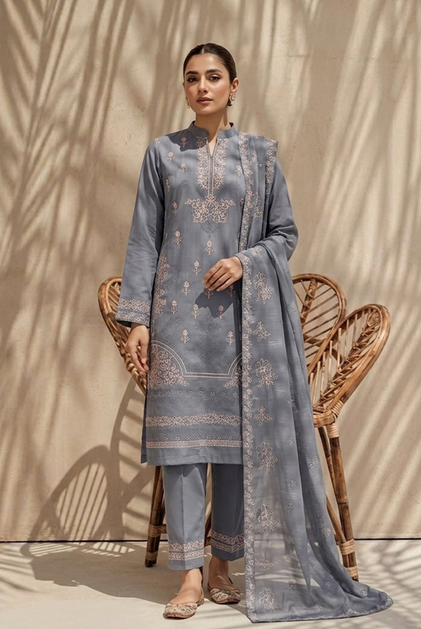 Kinza by Breeza Fashion - 3PC Unstitched Embroidered Lawn Suit (Gray)