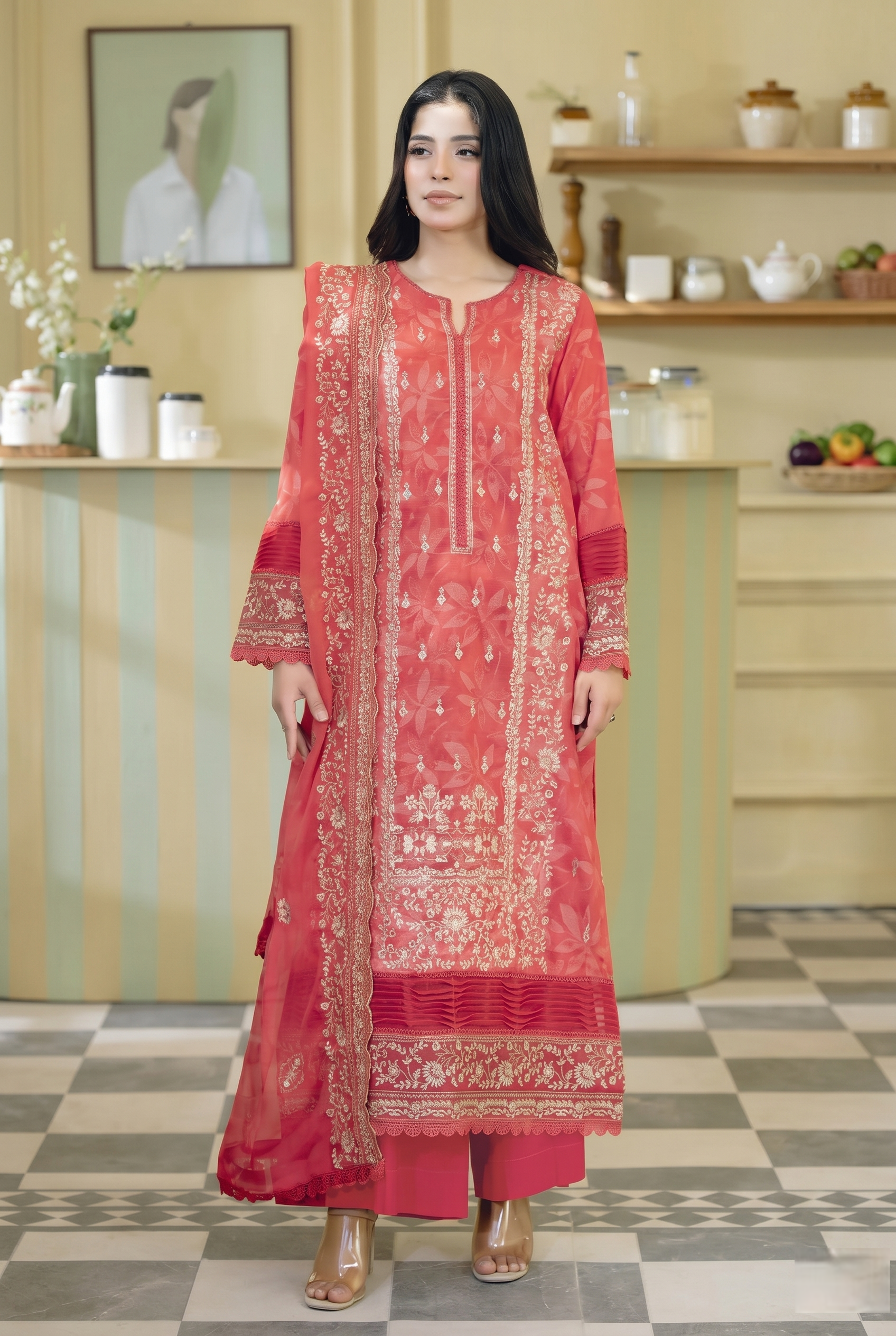 Lala Zar By Johra Unstitch Embroidered-3PC-Lawn-Red