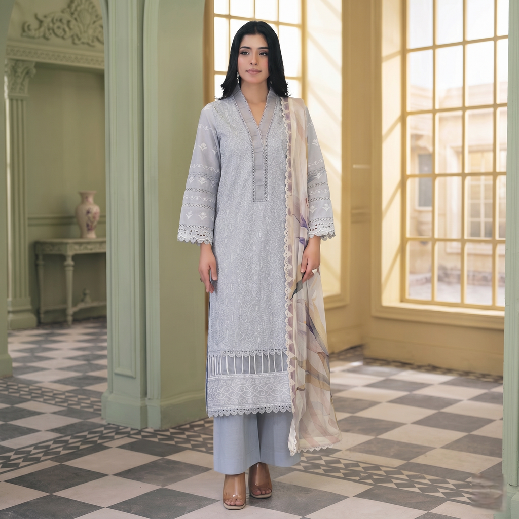 Dhagakari By Johra 3PC- Unstitch Embroidered Suit (Sliver)