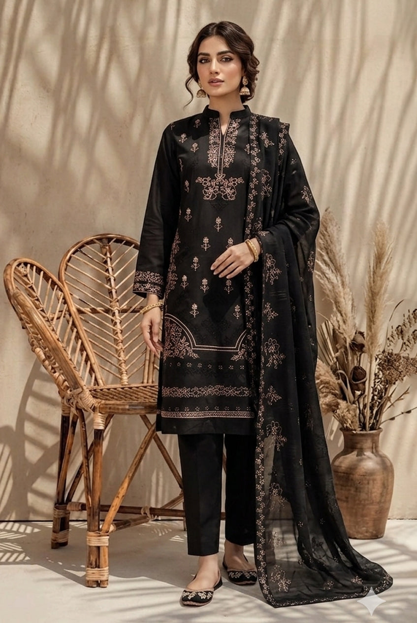 Kinza by Breeza Fashion - 3PC Unstitched Embroidered Lawn Suit (Black)