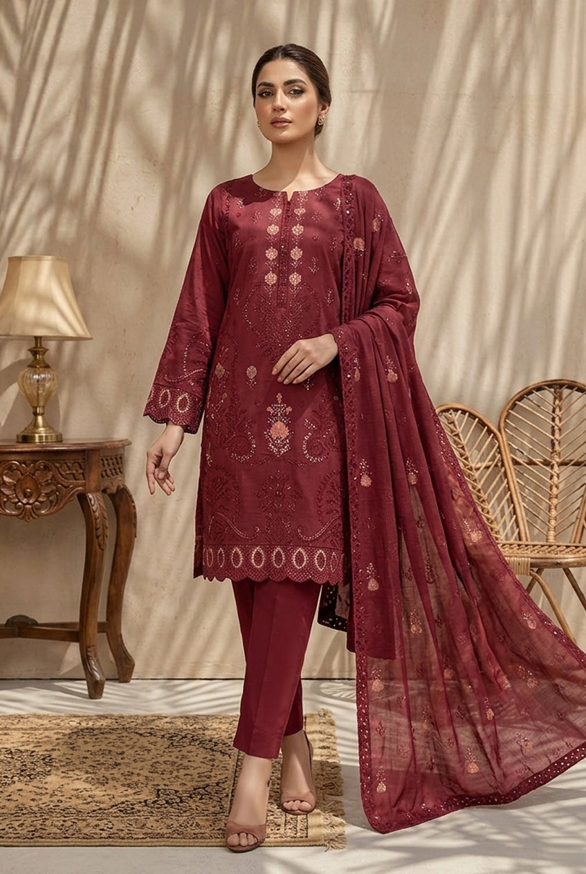 Kiran by Breeza Fashion - 3PC Unstitched Embroidered Lawn Suit (Red)