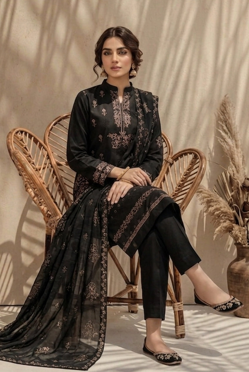 Kinza by Breeza Fashion - 3PC Unstitched Embroidered Lawn Suit (Black)