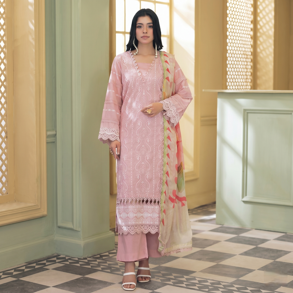 Dhagakari By Johra 3PC- Unstitch Embroidered Suit (Pink)