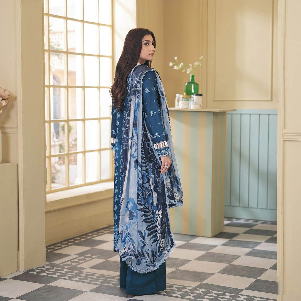 Dhagakari By Johra 3PC- Unstitch Embroidered Suit (Navy-Blue)