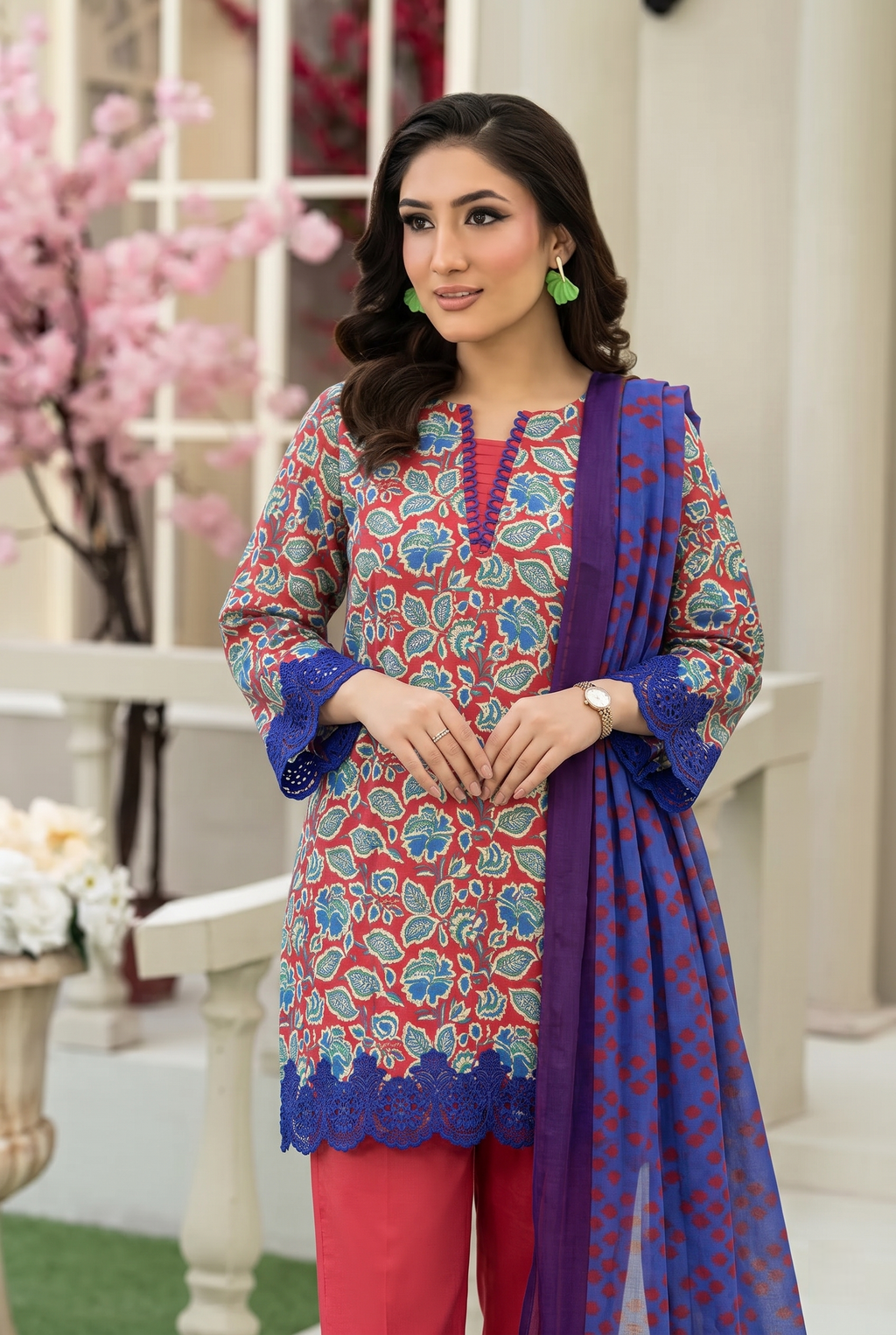 Alkaram Studio 3PC Stitched Embroidered Lawn Suit (Light maroon & Blue)